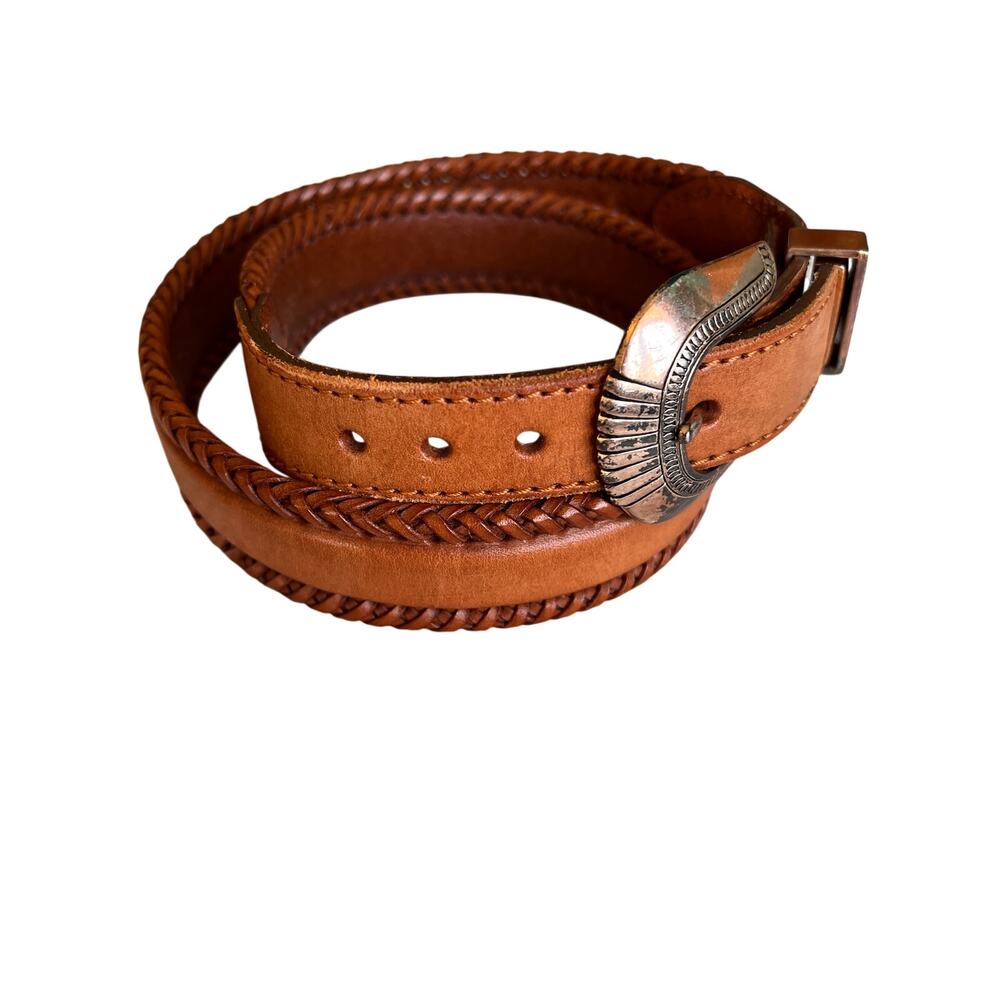 Vintage 1991 brn  leather belt braided trim metal buckle Western Coastal cowgirl
